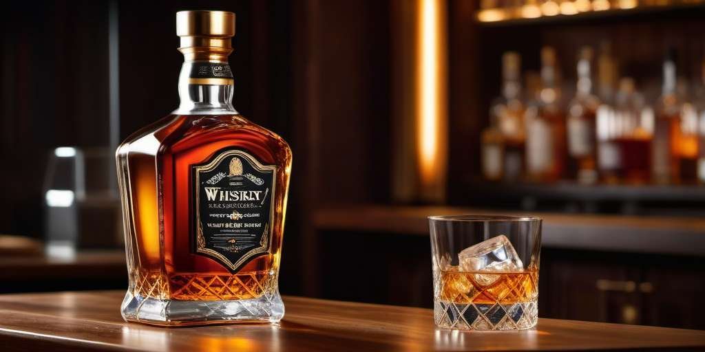 Imagen de una barra de bar con una botella de whisky y un vaso con hielo.
