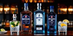 Barra de bar con botellas de ginebra encima.