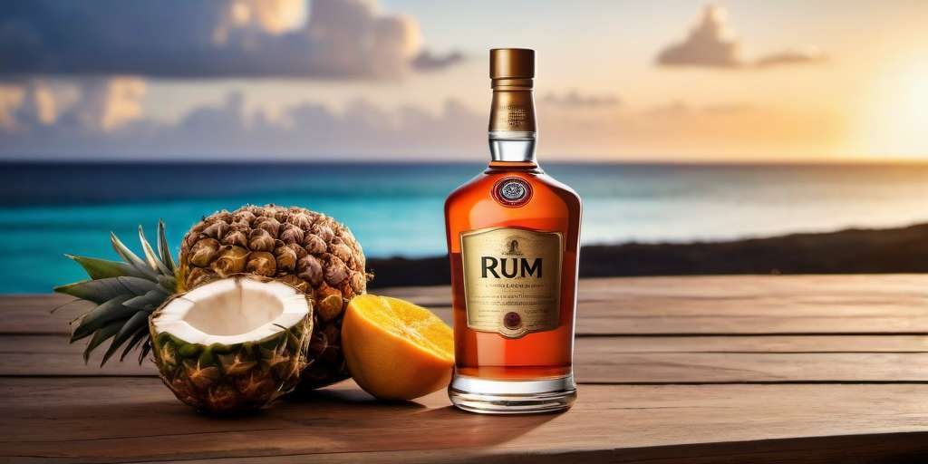 Imagen de una botella de ron con una naranja y una playa al fondo.