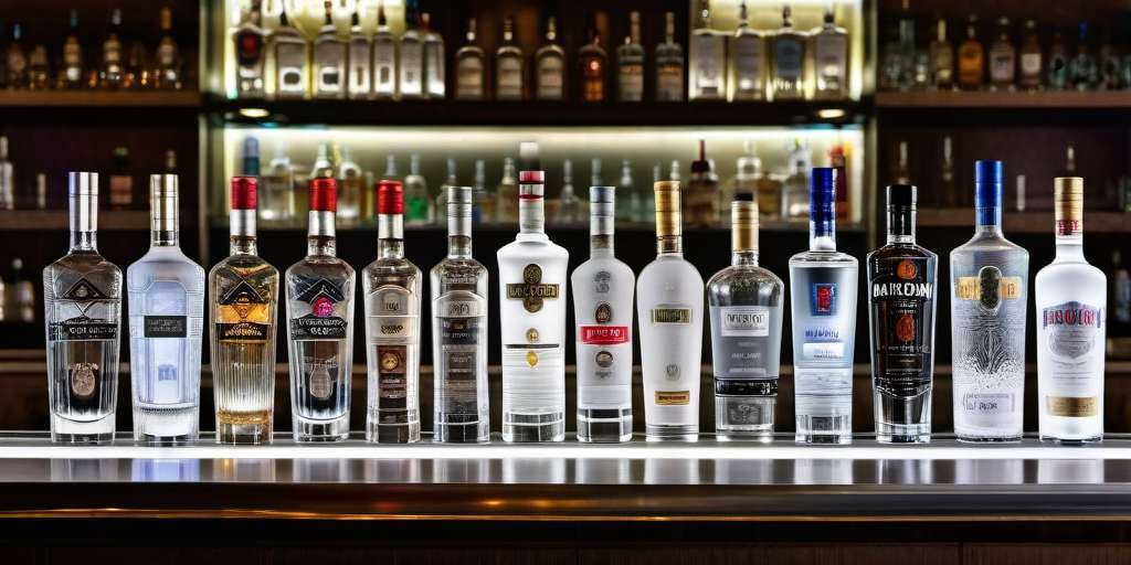 Imagen de una barra de bar con una variedad de botellas de vodka dispuestas sobre ella.